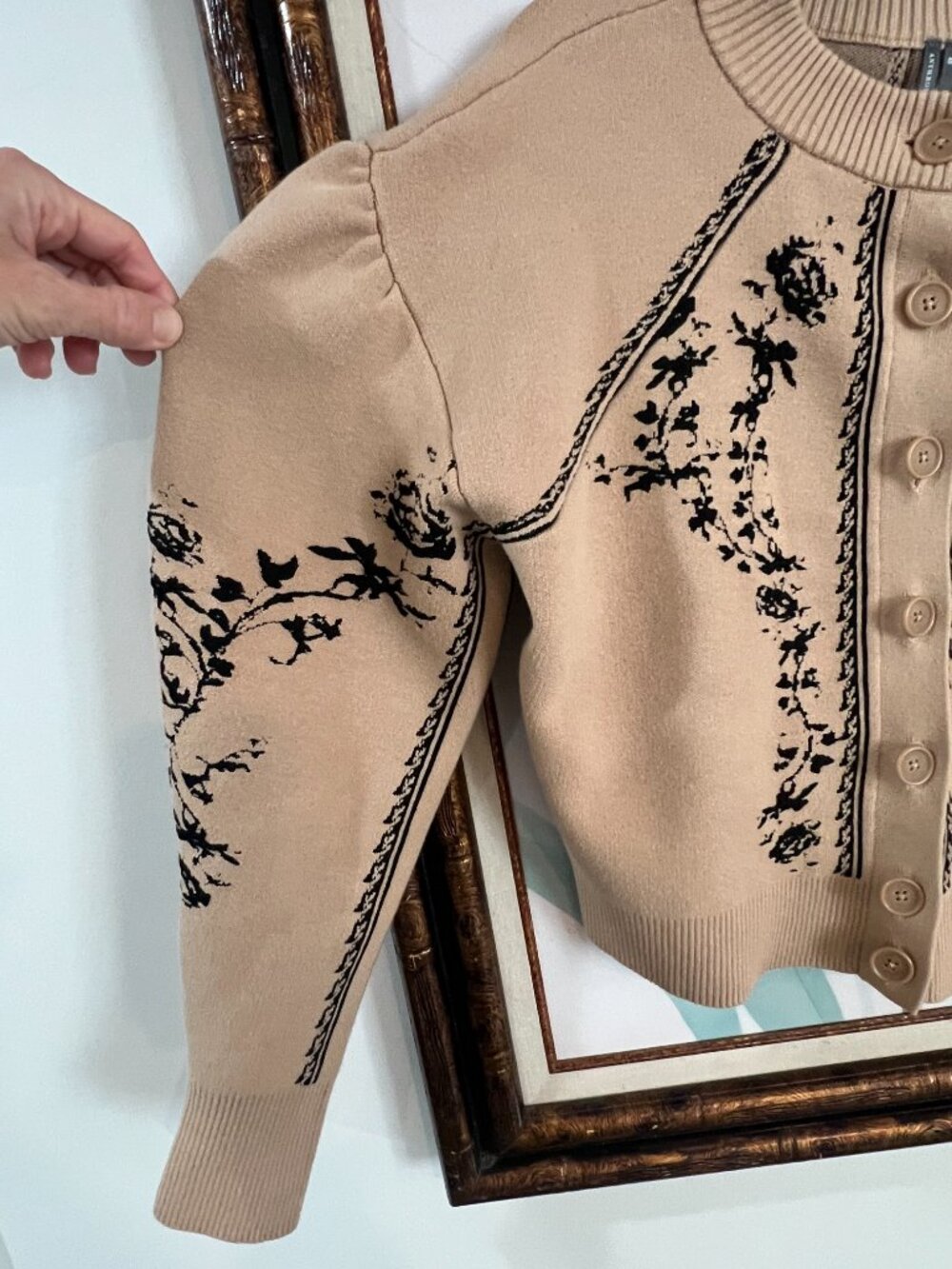 Anthropologie Embroidered Cardigan XS | Tan Floral Knit | Feminine Puff Sleeve - Picture 6 of 15